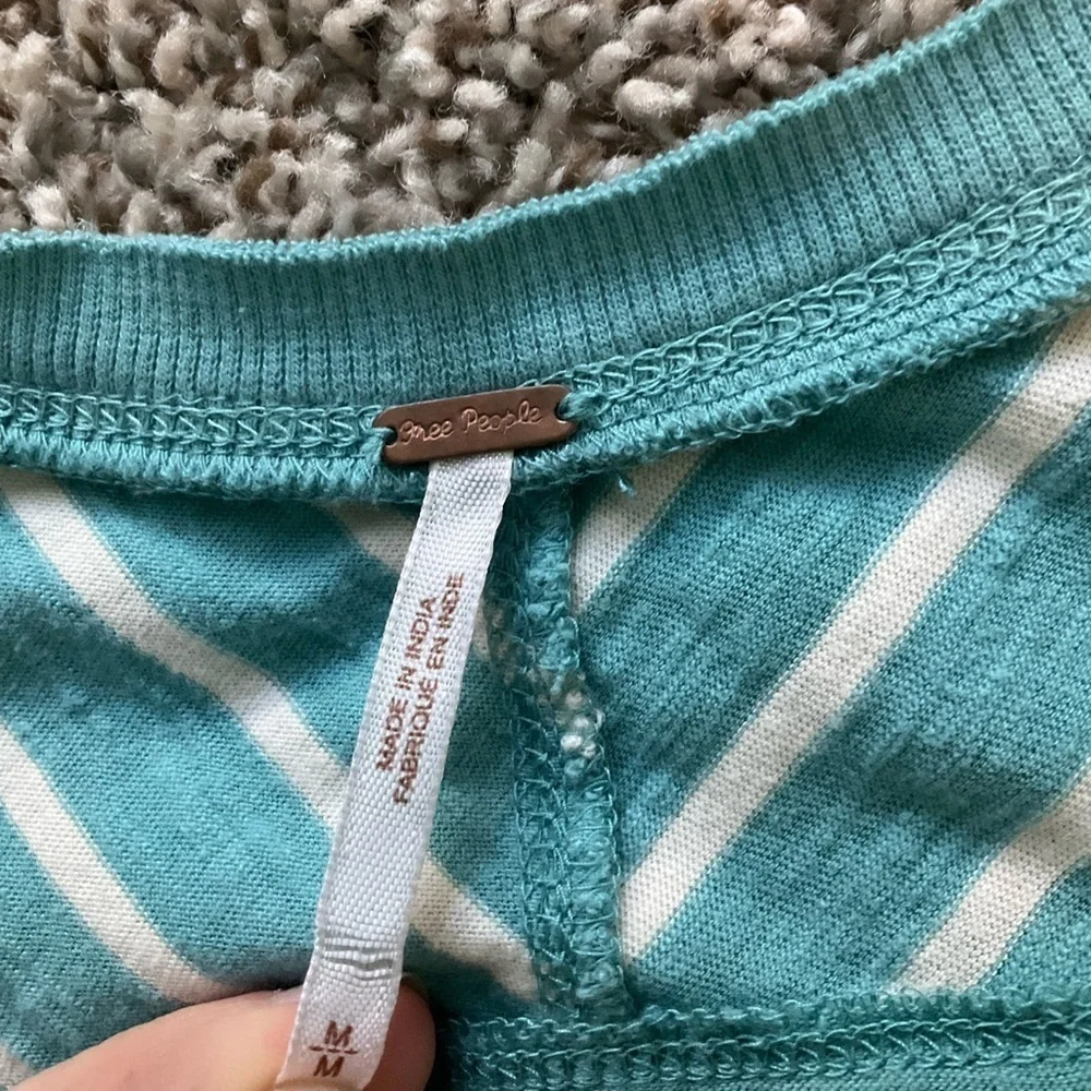 Free People Teal Striped Crochet Sleeve Cotton Long Sleeve Top Size Medium